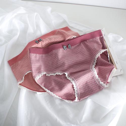 格子少女学生内裤蕾丝边中腰高弹女士三角内裤