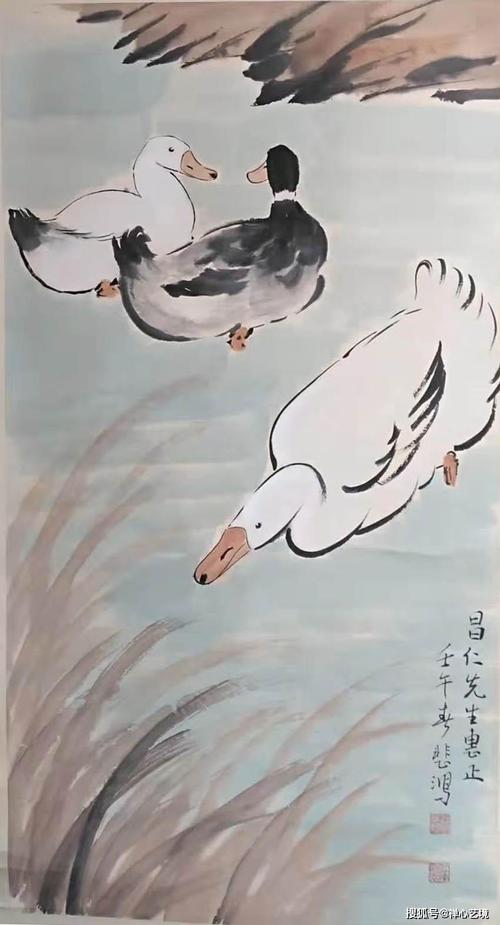 徐悲鸿国画作品《三鹅图》,充满生活气息