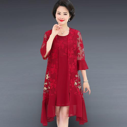 婚礼妈妈夏装连衣裙洋气喜婆婆婚宴两件套中老年女装春秋裙子套装