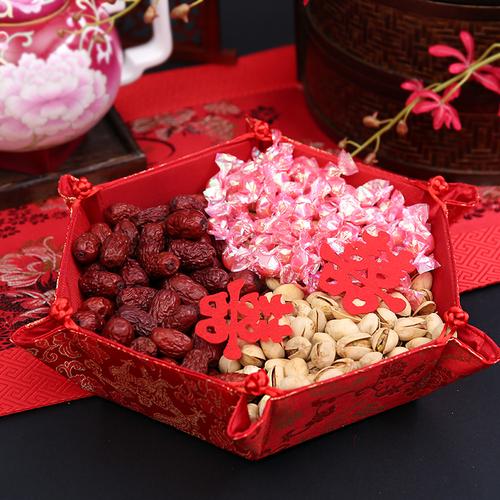 结婚用品中式婚礼婚庆布艺果盘道具开心孕喜糖干果瓜果盘子婚房布置