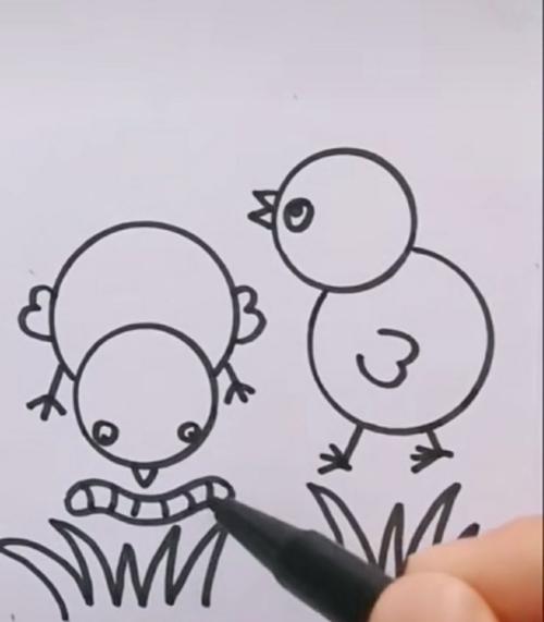 第七步:在小鸡和草丛中间画一条小虫子