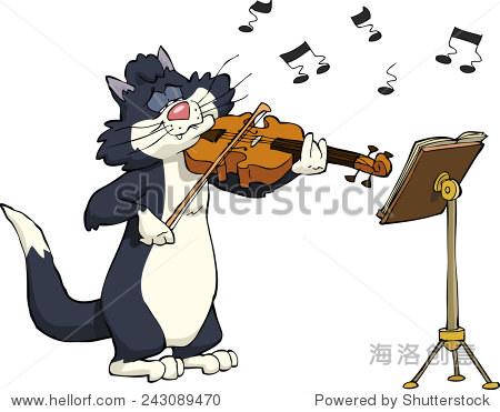 卡通猫拉小提琴矢量插图