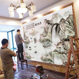 现代中式山水风景墙纸8d客厅卧室电视背景墙壁纸流水生财大气壁画
