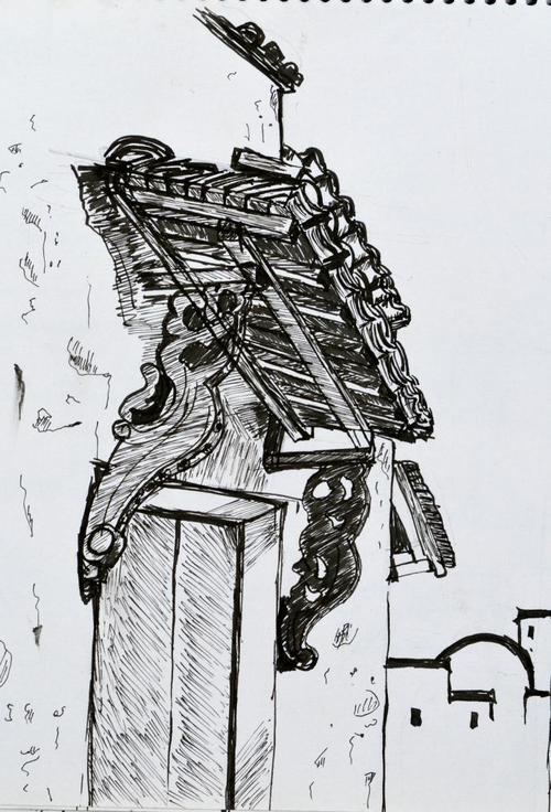 宏村建筑屋檐速写图片