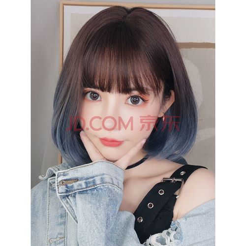 唐妮 假发女短发学生圆脸雾霾蓝全头套式网红短卷发自然少女波波头发