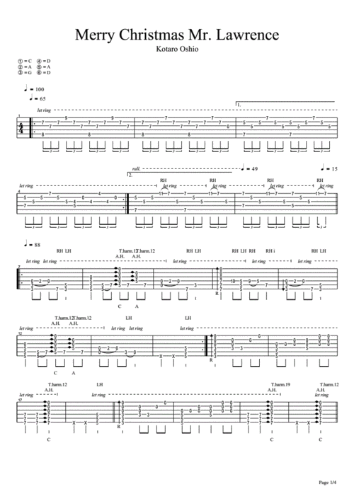 押尾桑merrychristmasmrlawrence原版指弹吉他谱pdf4页