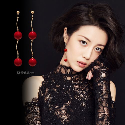 结婚新娘饰品长款流苏女式珍珠耳环耳钉大红色中国风唐装旗袍配饰