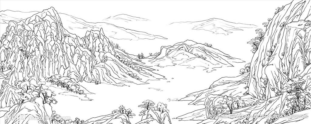 山水线描白描速写图片