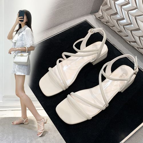 【专柜同款】夏款粗跟一字带罗马凉鞋女士凉鞋外穿女凉鞋女夏女鞋