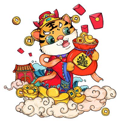 大吉卡通国潮风2022虎年小老虎拜年福袋新年虎年元素