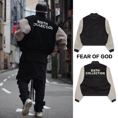 fearofgod标志图片,fearofgod图片logo fear of god 宽松潮流卫衣 黑灰色拼接袖棒球棉服夹克