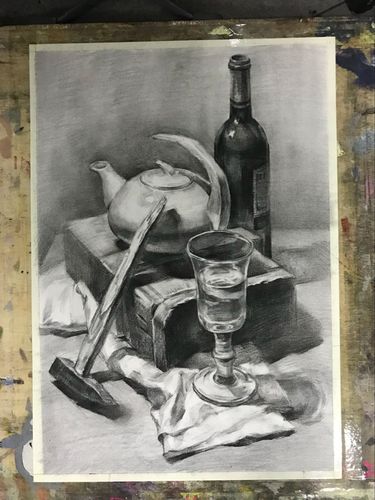 优秀素描静物作品,红酒与杯子