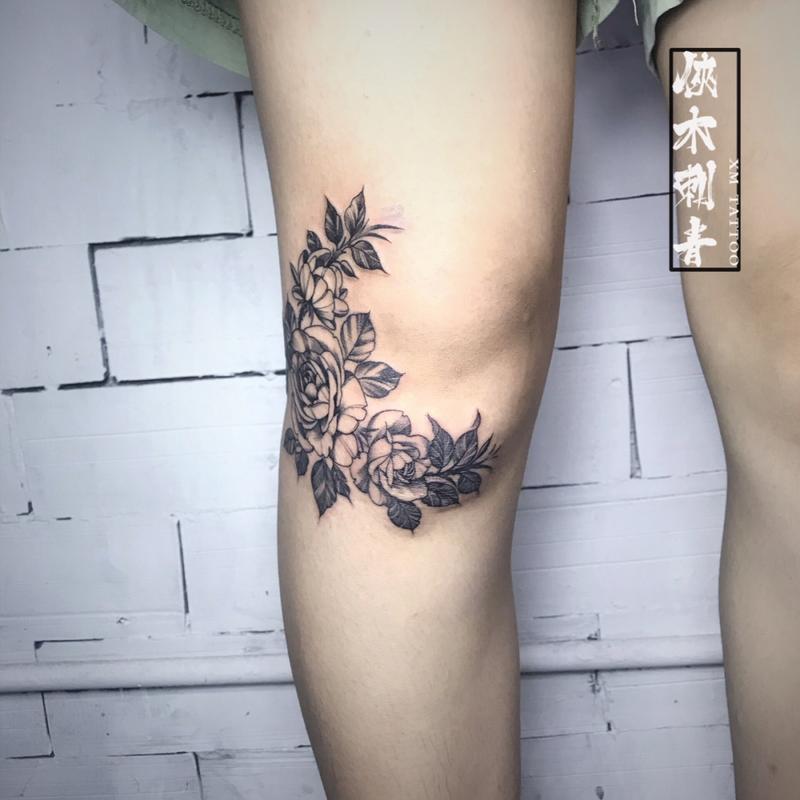 膝盖素花遮疤纹身