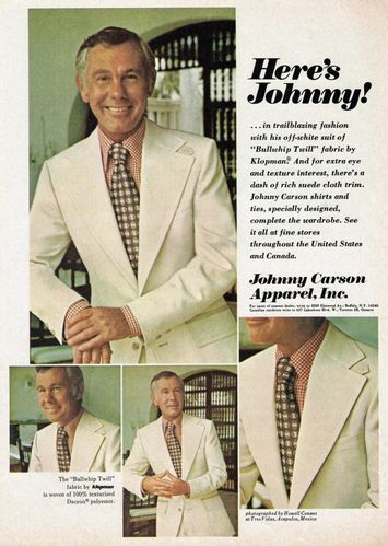 johnny carson"s line of polyester suits were huge sellers in the