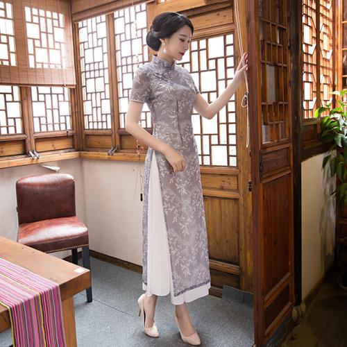 2017新款奥黛旗袍长款复古演出服时尚修身显瘦奥黛旗袍裙