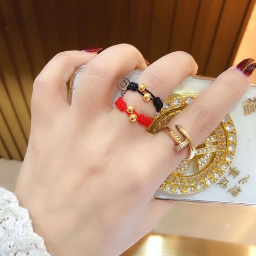 千弗 戒指女金豆豆转运珠编织小金珠指环金999抖音网红同款戒子 黑绳