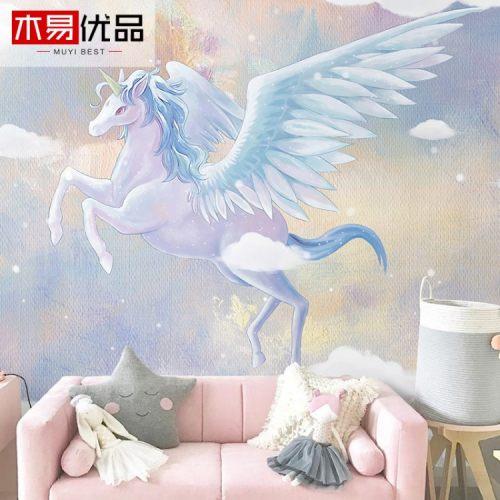 木易优品卡通油画独角兽云朵壁纸卧室儿童房背景墙纸定制梦幻壁画