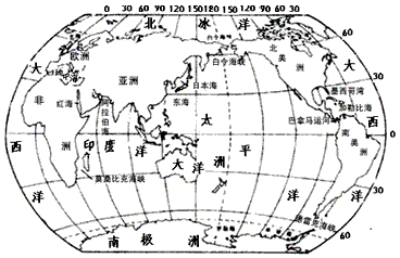 读"世界大洲大洋分布图",完成下列要求.