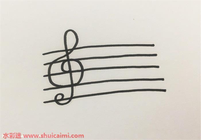 3,接着在画好的五线谱的右上角画出一个升