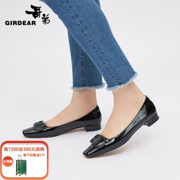 哥弟女鞋2022春季新款牛皮方头gd扣浅口一脚蹬单鞋女平底鞋ax11112 黑