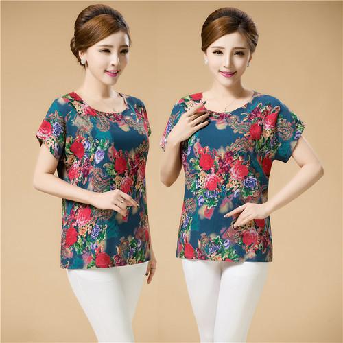 中老年女装夏装棉绸上衣胖妈妈装纯棉休闲t桖宽松大码