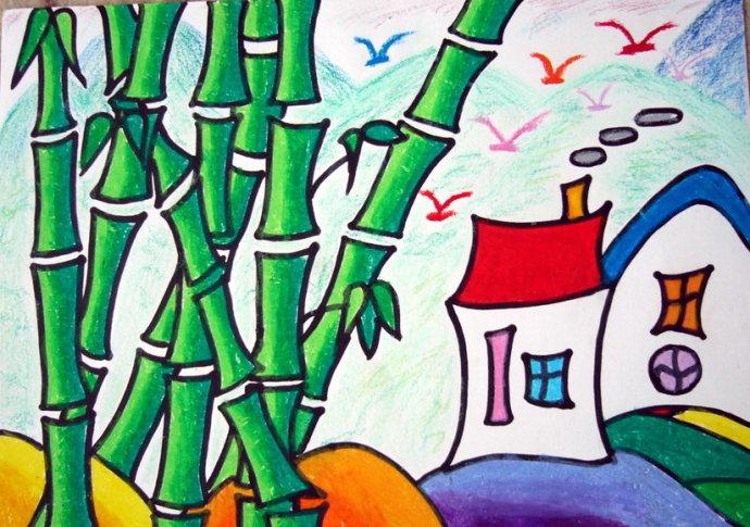竹林人家儿童画 蜡笔画竹林