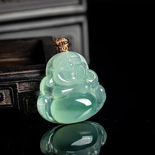 翡翠弥勒佛吊坠冰透笑佛公玉佛挂件18k金镶嵌天然a货玉石坠子女——翠