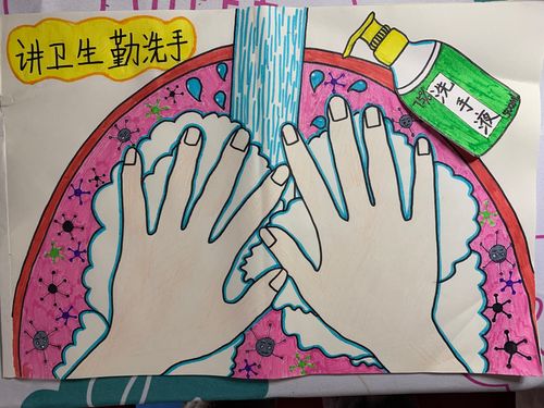 这样一幅关于"防疫情 勤洗手"的儿童画就画好啦 绘画小贴士:小朋友们