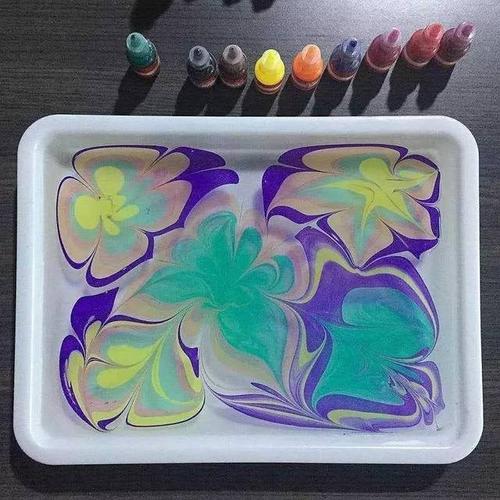 浮水画,又叫水拓画,就是用容器装满水,然后在水里根据小朋友的构思