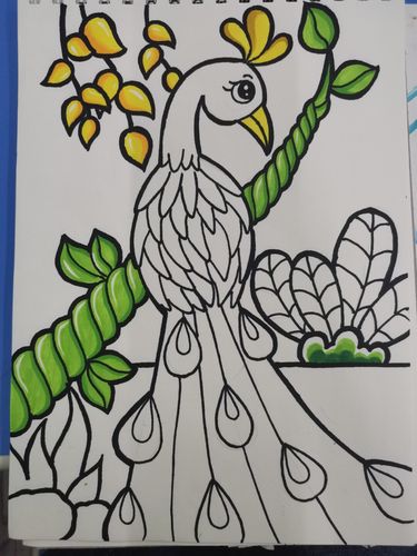 临摹儿童画《漂亮的花孔雀》_画画_马克笔_儿童画_母婴_早教