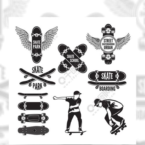 滑冰和标签的例证溜冰者的矢量单色图片滑板标志,极限运动标签集滑冰