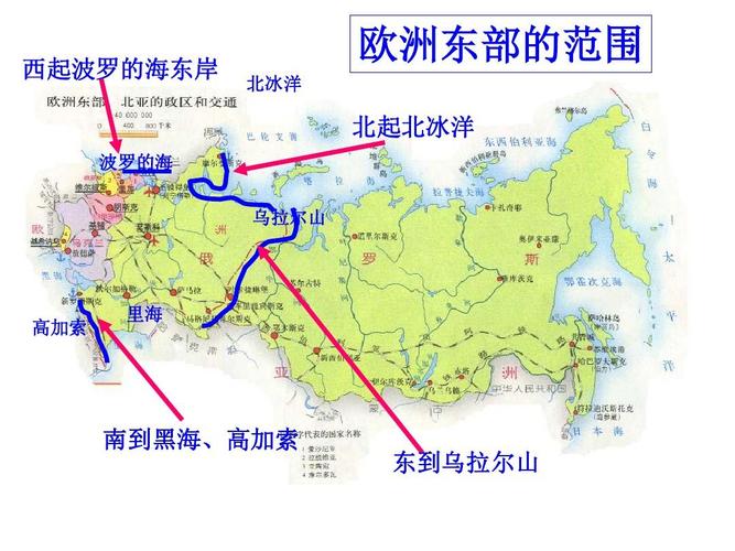 欧洲东部的范围 北冰洋 北起北冰洋 波罗的海 乌拉尔山 高加索 里海