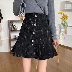 大码高腰显瘦a字格子裙荷叶边短裙潮200斤粗花呢鱼尾半身裙女冬季