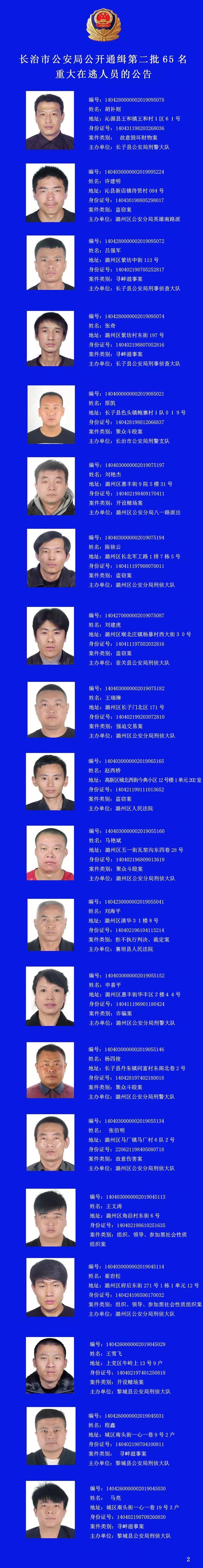 紧急长治公安公开通缉65名重大在逃人员
