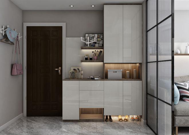 如果入户门左右两侧的墙体宽度有限,不妨同时利用两侧空间,围绕入户门