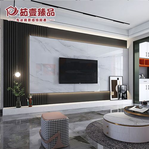 岩板悬空电视背景墙瓷砖现代简约微晶石客厅木格栅装饰柜影视造型