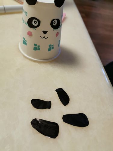 王子正用一次性纸杯制作吃竹子的小熊猫