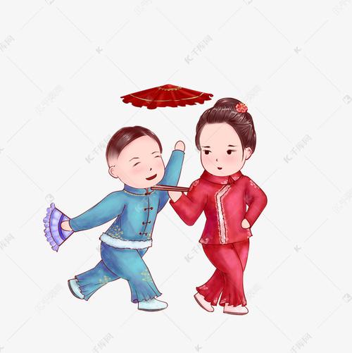 迎新年扭秧歌二人转飞手绢舞扇子场景卡通素材图片-千