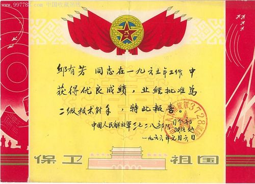 中国人民解放军3728*队和7196*队二级技术能手奖状两章