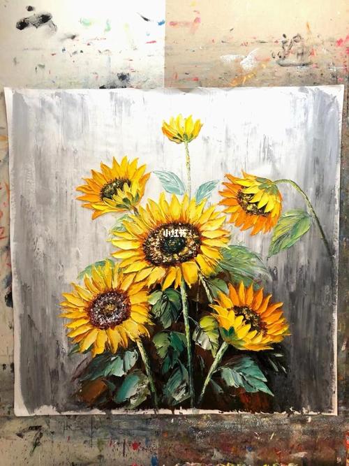 水竞向日葵油画| 附手绘过程细节大图_油画_手绘_挂画