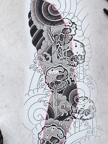 老传统日式花臂手稿分享_纹身_日式老传统纹身_美妆