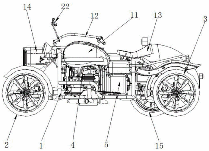 本实用新型是一种性能优越的边三轮摩托车,包括车架,所述车架的一侧边