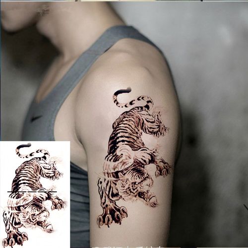 纹身贴花臂防水仿真持久潮男老虎猛虎下山遮疤痕手臂黑白个性刺青