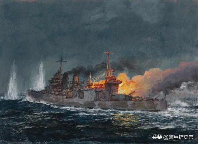 这幅画作表现了萨沃岛海战中美军"昆西"号重巡洋舰遭日舰炮火攻击.