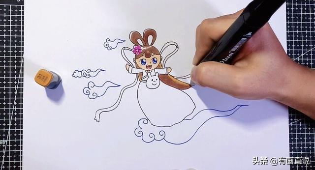 创意儿童画:中秋节主题画第五款嫦娥画法,卡通简笔画风格