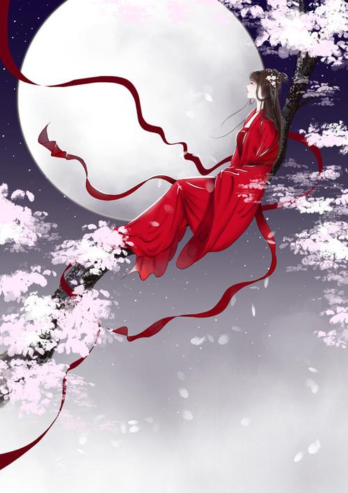 中国插画师龙轩静作品月下红衣古风手绘