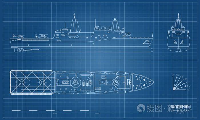 顶部,正面和侧面视图.战舰模型.工业隔离的船的图画.军舰 uss