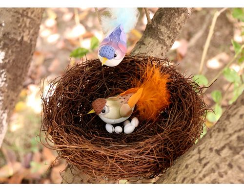 手工藤编鸟窝仿真彩色羽毛小鸟家俱摆件装饰品田园自然风格鸟巢_7折