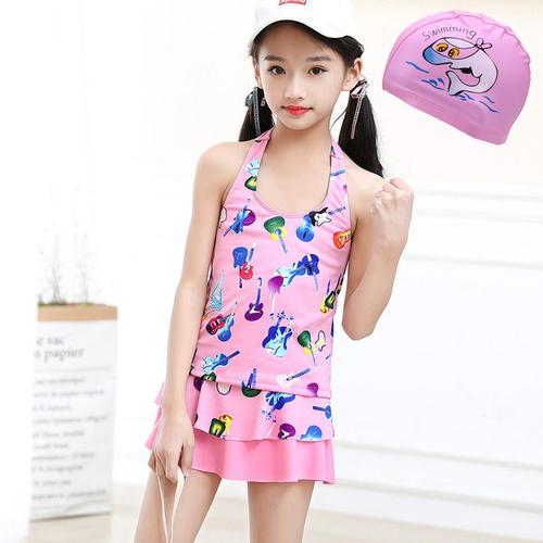 新款女童泳衣中大童韩版分体裙式保守平角连体游泳衣套装学生泳装臻依