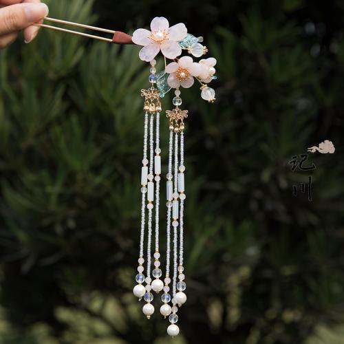 记川国风原创创明制发发型套餐粉晶流苏发簪发包